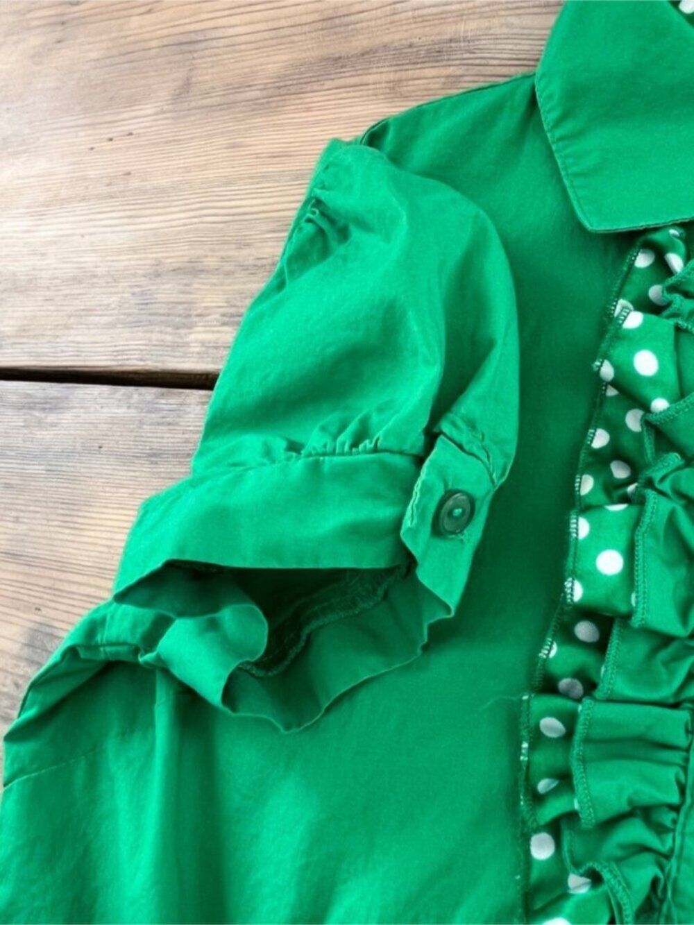 Ruffle Button Up Blouse Womens S Green Polka Dot Puff Sleeve - Picture 5 of 5